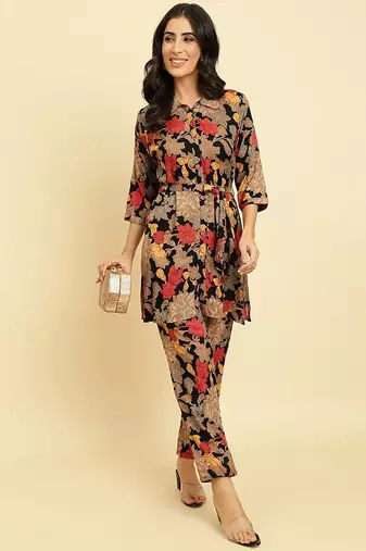 Shirt Collar Floral Printed Tie-Ups Regular Kurta with Trousers