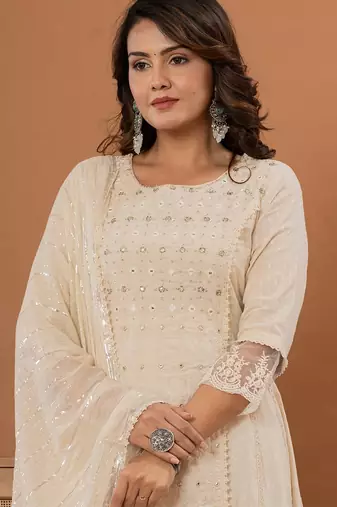 Floral Thread & Mirror Embroidered Panelled Anarkali Kurta With Trousers & Dupatta