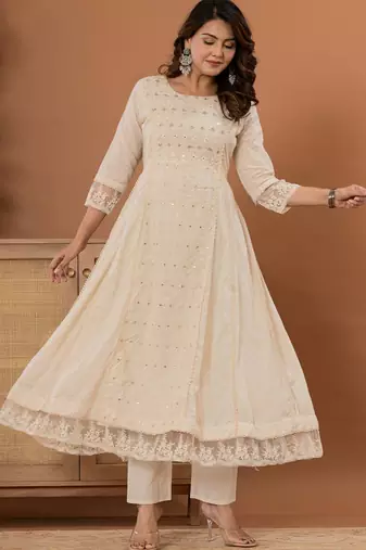 Floral Thread & Mirror Embroidered Panelled Anarkali Kurta With Trousers & Dupatta
