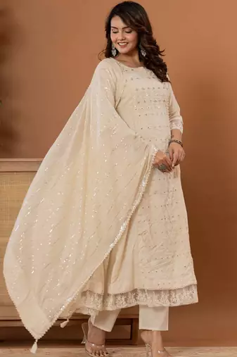 Floral Thread & Mirror Embroidered Panelled Anarkali Kurta With Trousers & Dupatta