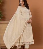 Floral Thread & Mirror Embroidered Panelled Anarkali Kurta With Trousers & Dupatta