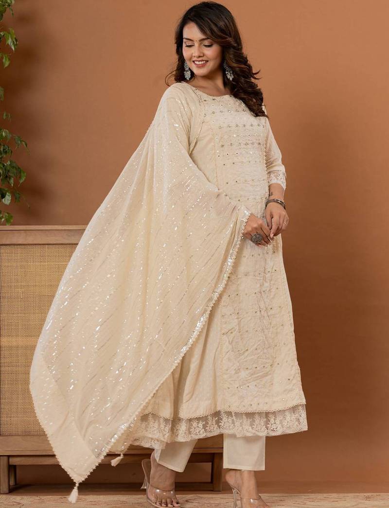 Floral Thread & Mirror Embroidered Panelled Anarkali Kurta With Trousers & Dupatta