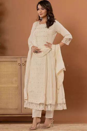Floral Thread & Mirror Embroidered Panelled Anarkali Kurta With Trousers & Dupatta