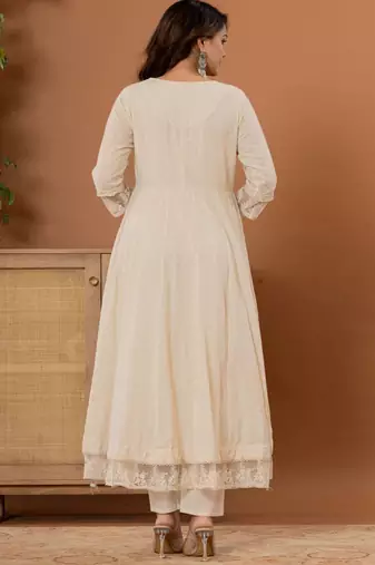 Floral Thread & Mirror Embroidered Panelled Anarkali Kurta With Trousers & Dupatta