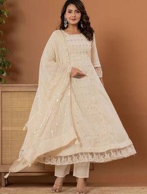 Floral Thread & Mirror Embroidered Panelled Anarkali Kurta With Trousers & Dupatta 7