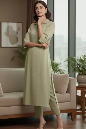 Women Regular Silk Crepe Kurta with Trousers