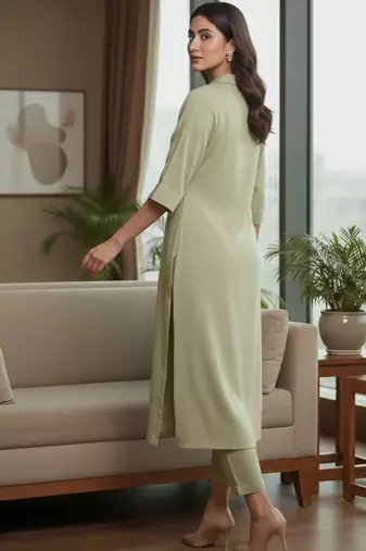Women Regular Silk Crepe Kurta with Trousers