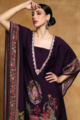 Ethnic Motifs Printed Sequinned Square Neck Kaftan Kurta With Trousers