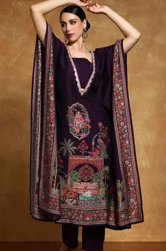 Ethnic Motifs Printed Sequinned Square Neck Kaftan Kurta With Trousers