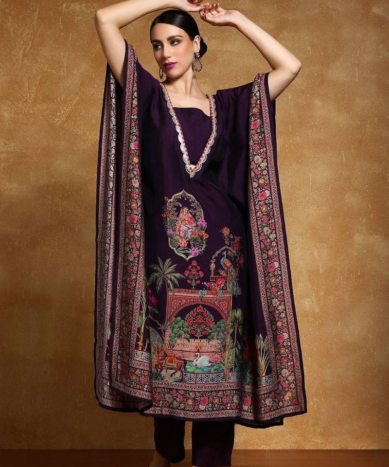 Ethnic Motifs Printed Sequinned Square Neck Kaftan Kurta With Trousers