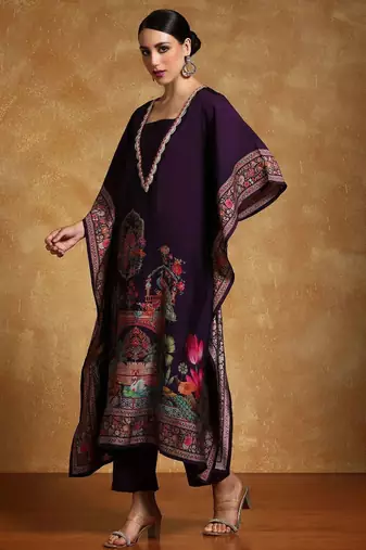 Ethnic Motifs Printed Sequinned Square Neck Kaftan Kurta With Trousers