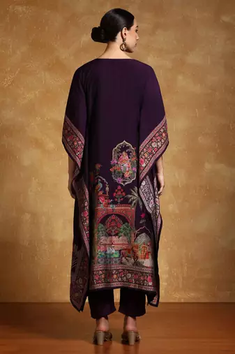 Ethnic Motifs Printed Sequinned Square Neck Kaftan Kurta With Trousers