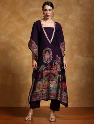 Ethnic Motifs Printed Sequinned Square Neck Kaftan Kurta With Trousers 6