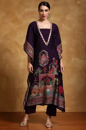 Ethnic Motifs Printed Sequinned Square Neck Kaftan Kurta With Trousers
