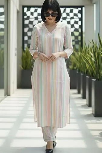 Women Striped Regular Kurta with Trousers