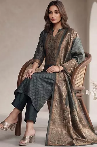 Women Ethnic Motifs Printed Regular Chanderi Silk Kurta with Trousers & With Dupatta