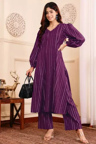 Striped V-Neck A-Line Kurta With Trousers
