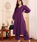 Striped V-Neck A-Line Kurta With Trousers