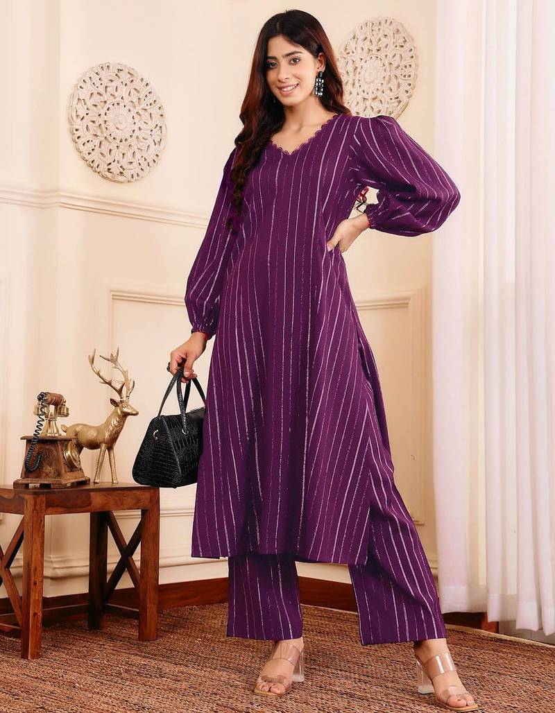 Striped V-Neck A-Line Kurta With Trousers