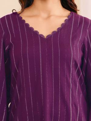 Striped V-Neck A-Line Kurta With Trousers 2
