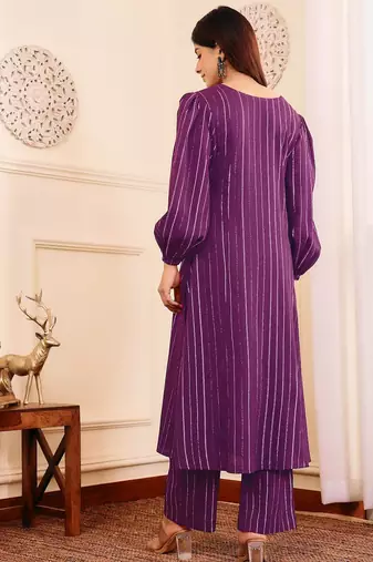 Striped V-Neck A-Line Kurta With Trousers
