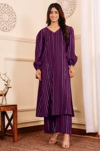 Striped V-Neck A-Line Kurta With Trousers