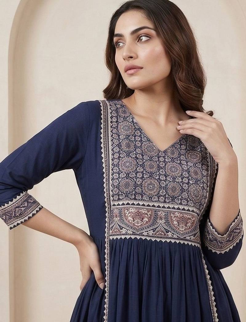 Women Ethnic Motifs Embroidered Panelled Thread Work Kurta with Trousers