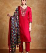 Women Floral Yoke Design Regular Thread Work Kurta with Trousers & With Dupatta