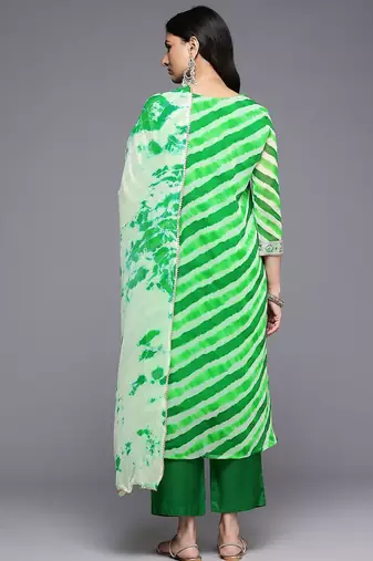 Leheriya Printed Sequinned Kurta With Trousers & Dupatta