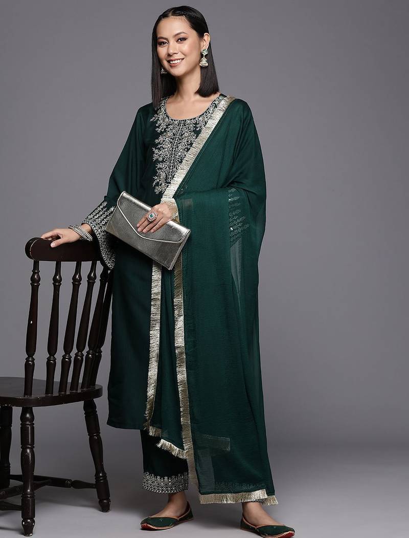 Women Floral Yoke Design Regular Kurta with Trousers & Dupatta