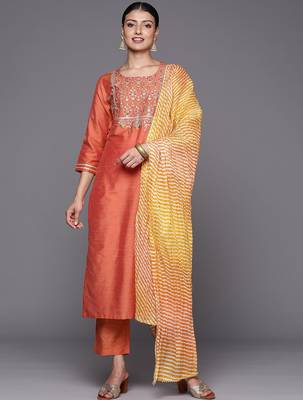 Ethnic Motifs Zari Embroidered Sequinned Yoke Design Kurta With Trousers & Dupatta 1