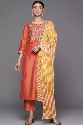 Ethnic Motifs Zari Embroidered Sequinned Yoke Design Kurta With Trousers & Dupatta