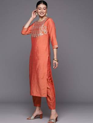 Ethnic Motifs Zari Embroidered Sequinned Yoke Design Kurta With Trousers & Dupatta 5