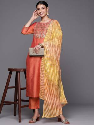 Ethnic Motifs Zari Embroidered Sequinned Yoke Design Kurta With Trousers & Dupatta 7