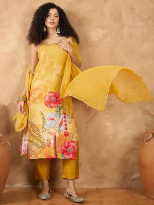 Women Spaghetti Strap Floral Kurta with Trousers and Dupatta 1