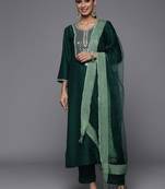Ethnic Motifs Yoke Design Thread Work Straight Kurta with Trousers & Dupatta