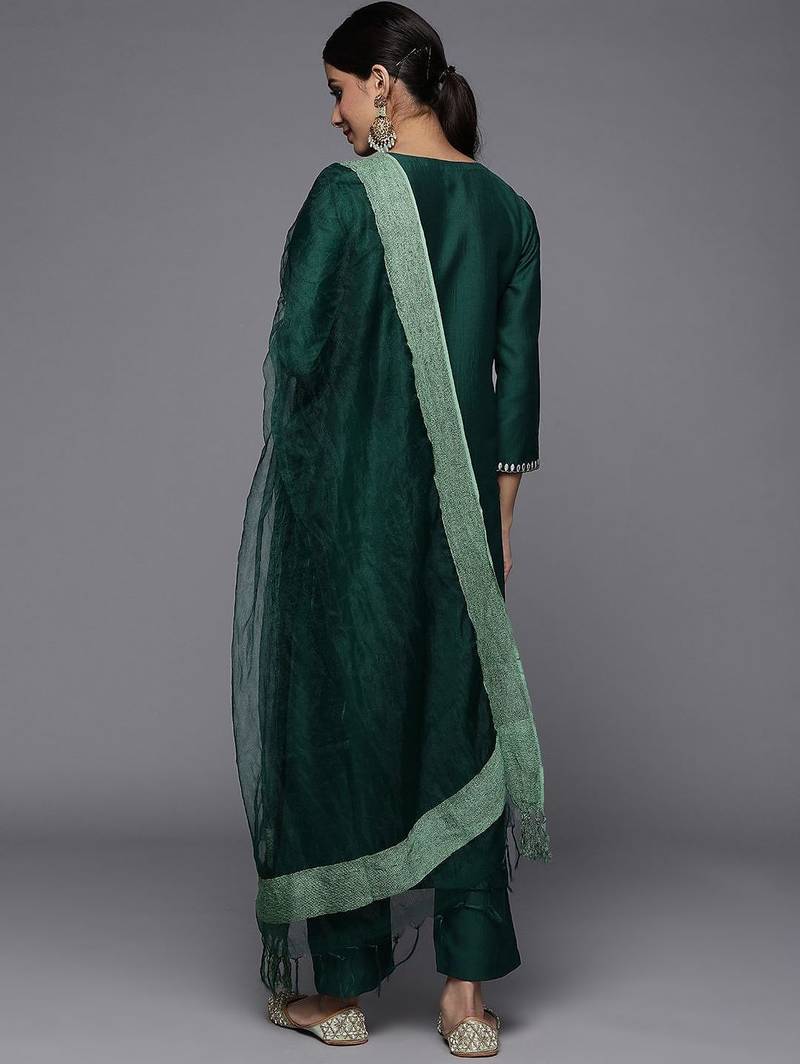 Ethnic Motifs Yoke Design Thread Work Straight Kurta with Trousers & Dupatta