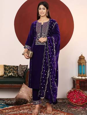 Violet Floral Embroidered Thread Work Velvet Kurta with Palazzos & Dupatta 1