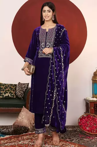 Violet Floral Embroidered Thread Work Velvet Kurta with Palazzos & Dupatta