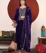 Violet Floral Embroidered Thread Work Velvet Kurta with Palazzos & Dupatta