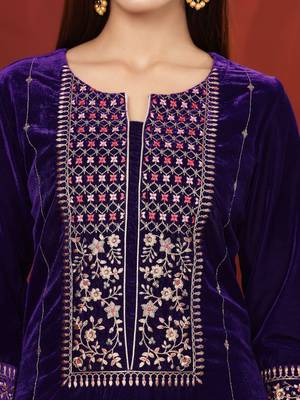 Violet Floral Embroidered Thread Work Velvet Kurta with Palazzos & Dupatta 2
