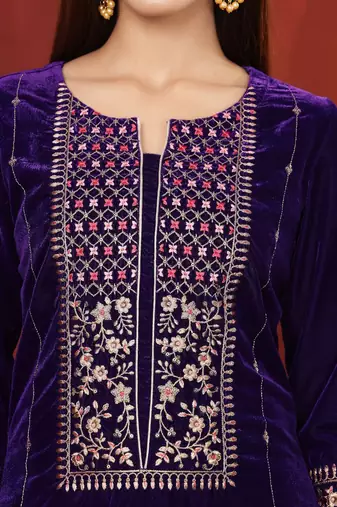 Violet Floral Embroidered Thread Work Velvet Kurta with Palazzos & Dupatta
