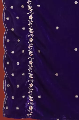 Violet Floral Embroidered Thread Work Velvet Kurta with Palazzos & Dupatta