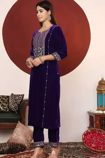 Violet Floral Embroidered Thread Work Velvet Kurta with Palazzos & Dupatta