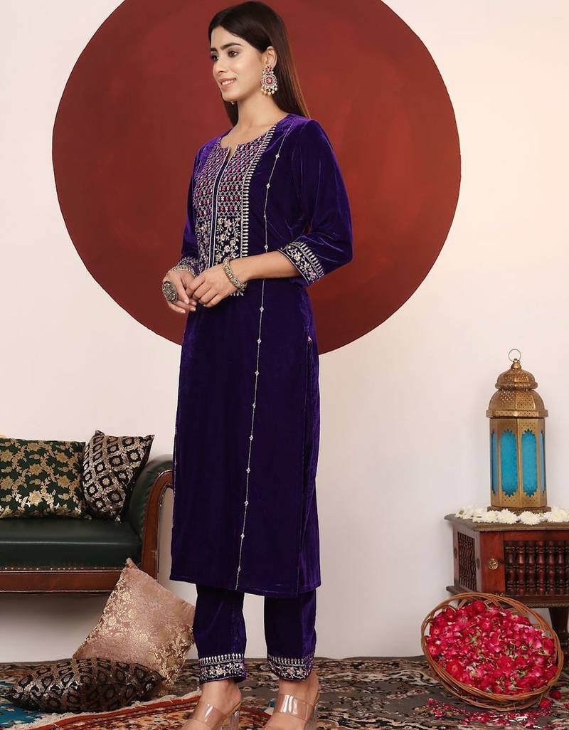 Violet Floral Embroidered Thread Work Velvet Kurta with Palazzos & Dupatta