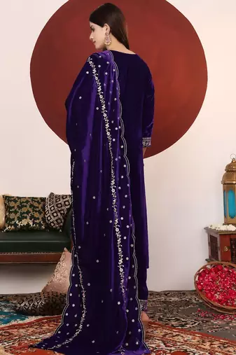 Violet Floral Embroidered Thread Work Velvet Kurta with Palazzos & Dupatta
