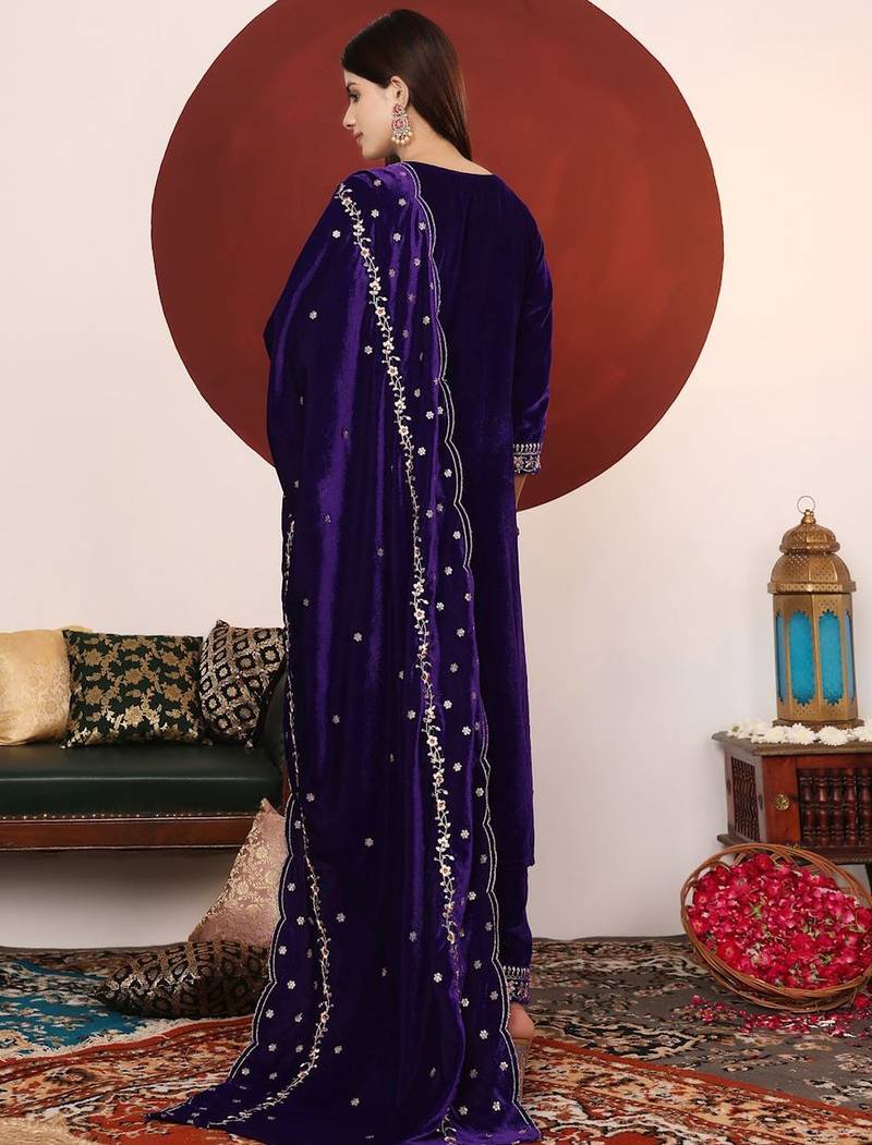 Violet Floral Embroidered Thread Work Velvet Kurta with Palazzos & Dupatta