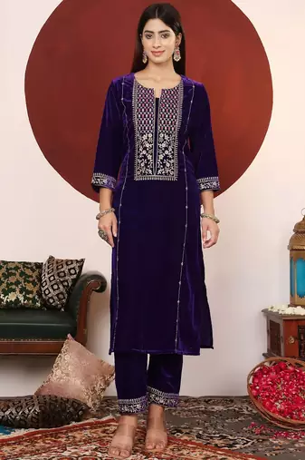 Violet Floral Embroidered Thread Work Velvet Kurta with Palazzos & Dupatta