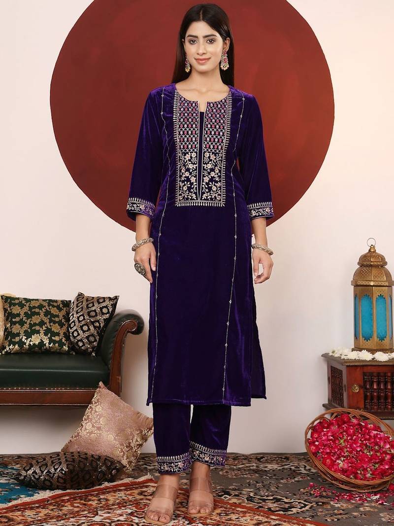 Violet Floral Embroidered Thread Work Velvet Kurta with Palazzos & Dupatta