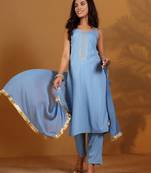 Striped Gotta Patti Shoulder Straps Straight Kurta With Trousers & Dupatta
